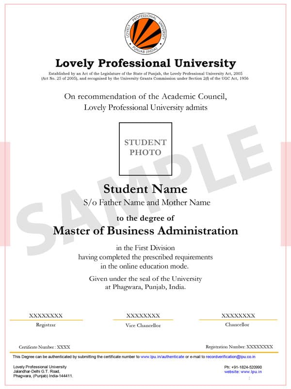 LPU Online degree sample.