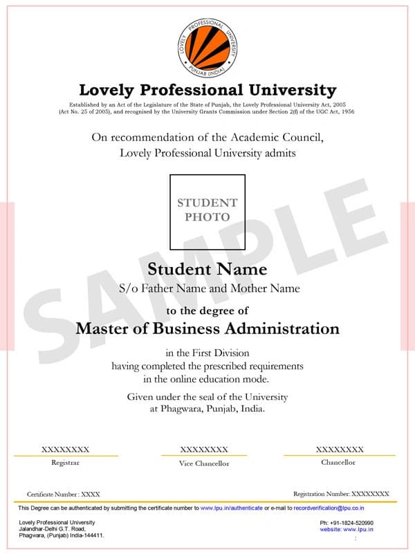 LPU Online degree sample.